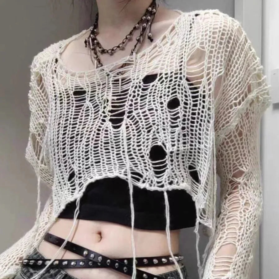 Sexy White Slash Neck Grunge Knitted Women's Sweater Hole Ripped Pullover Crop Top Harajuku Hollow Out Fashion Summer Jumpers