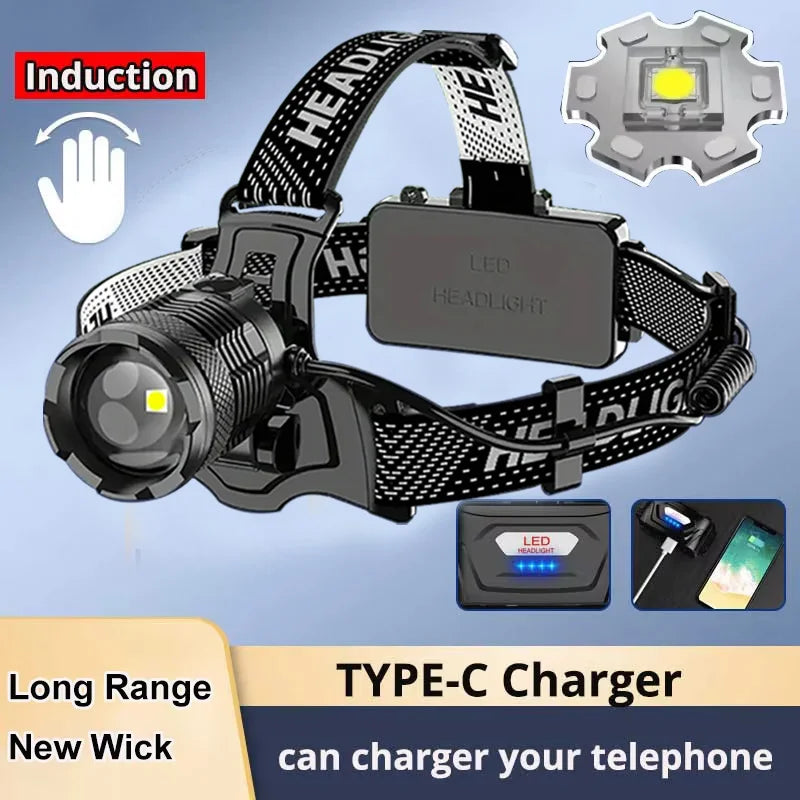 100000LM Powerful Headlamp 1000W Led Sensor Head Flashlight High Power Headlight 18650 Rechargeable Head Lantern Fishing Camping