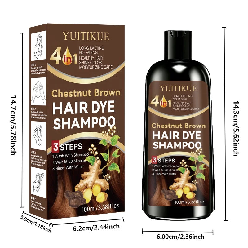 YUITIKUE 4 IN1 Chestnut Brown Hair Dye Shampoo Shine Color Moisturizing Care Long Lasting No Fading Healthy Hair 100ml
