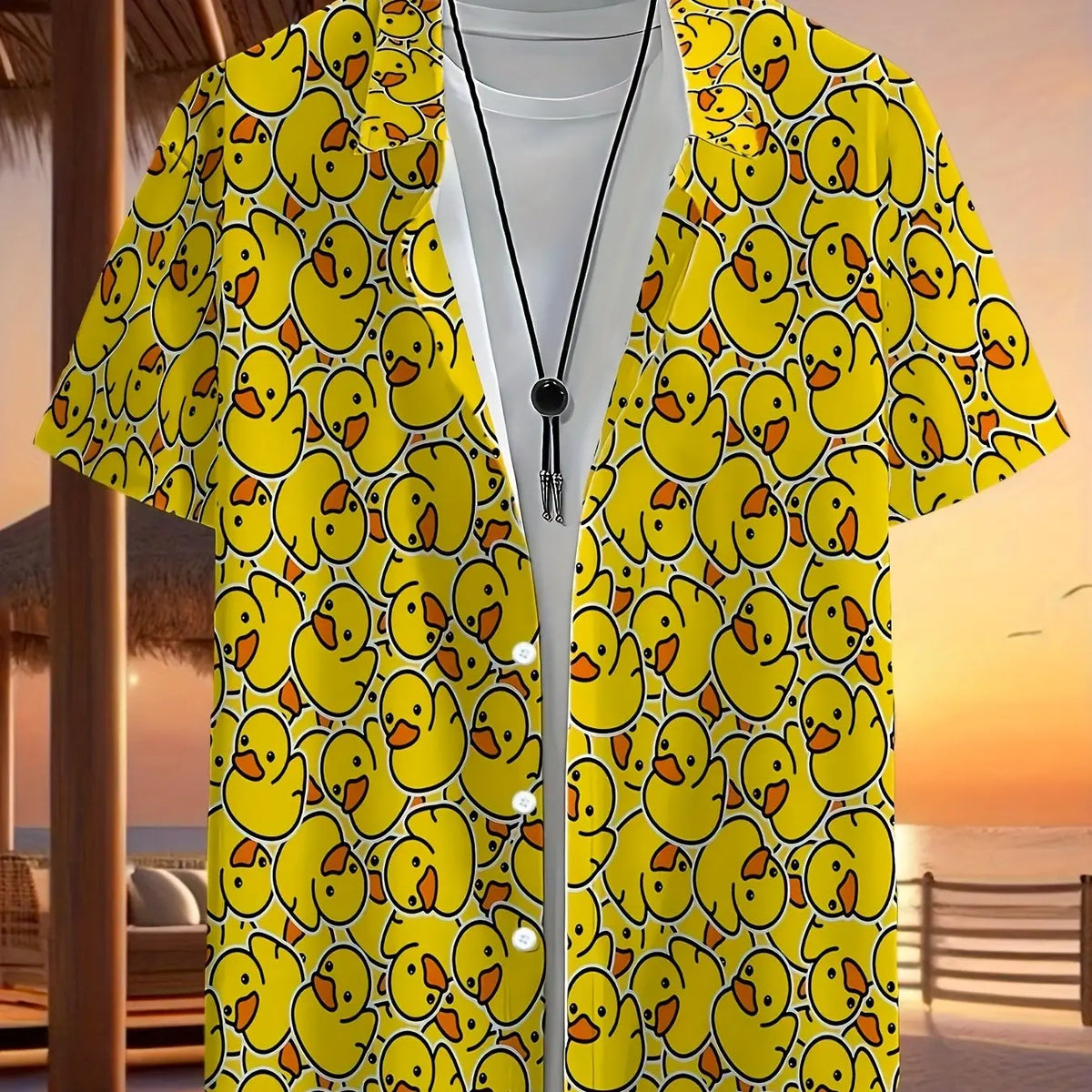 Men's Summer Cute Yellow Rubber Duck Print Hawaiian Shirt Lapel Short Sleeve Button Down Casual Vacation Beach Party Funny Top