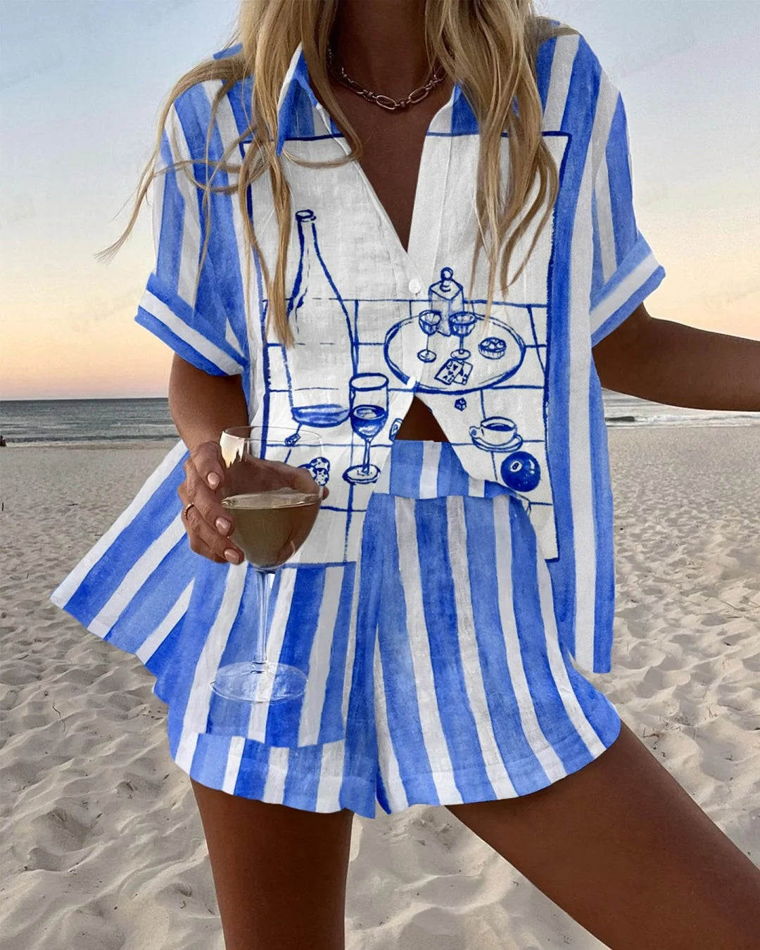Summer Women's Print Beach Holiday Two-Piece Set Fashion Short Sleeve Buttoned Shirt with Wide Leg Shorts Casual Outfit