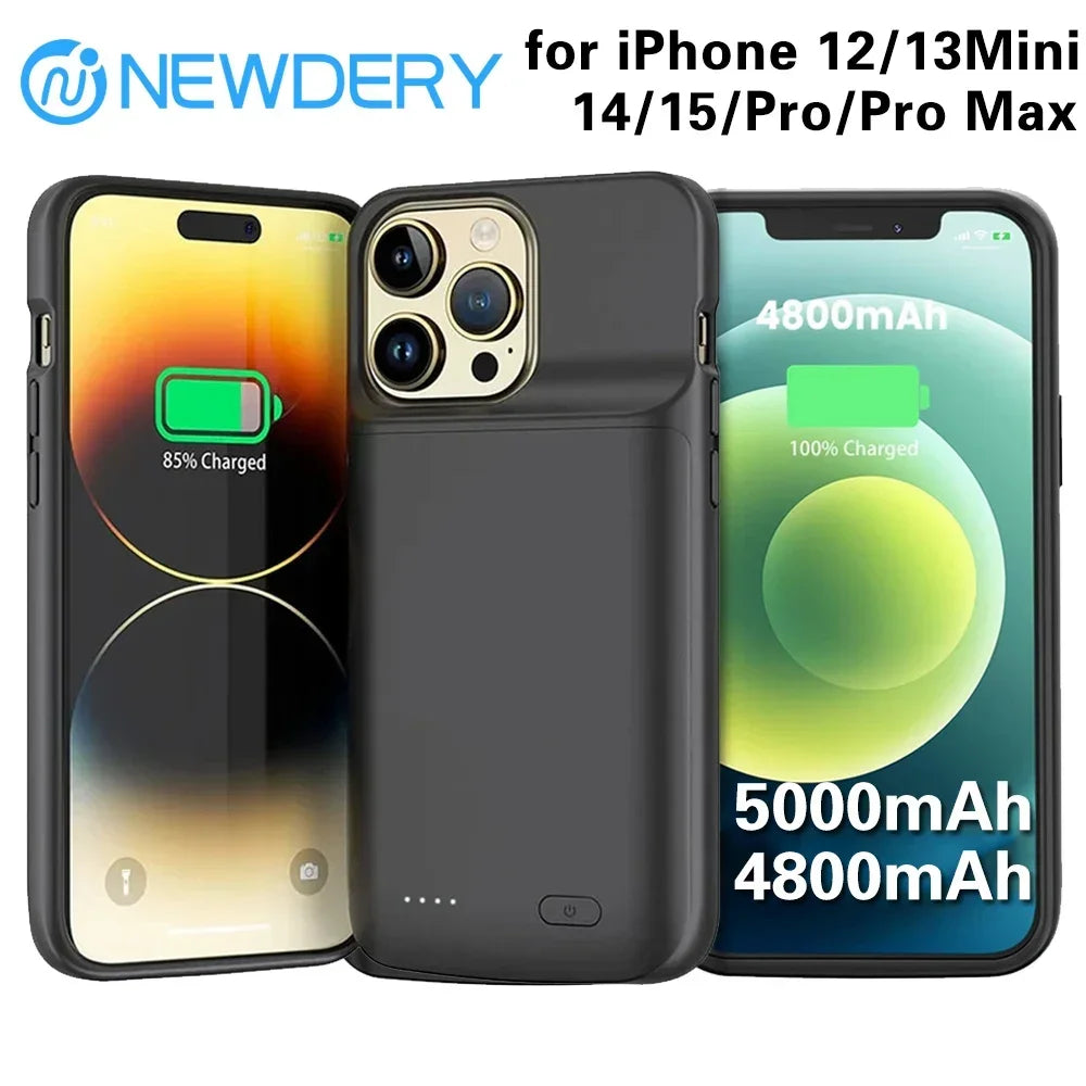 NEWDERY 4800mAh Battery Charger Case for iPhone 12 13 14 15 Pro Max/12mini/13mini Power Case Portable Charging Power Bank Cover