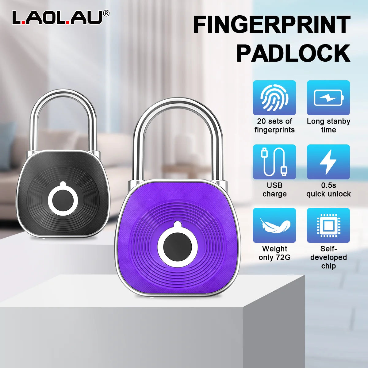Fingerprint Smart Padlock Keyless Biometric Lock Waterproof USB Rechargeable 0.5s Unlock 20 Fingerprints, Cabinet Luggage Door