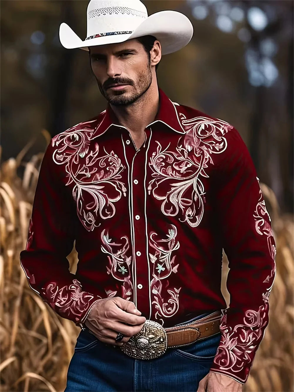 Men's Western Cowboy Style Casual Shirt with 3D Digital Printing Pattern, Vintage Holiday Casual Button Shirt
