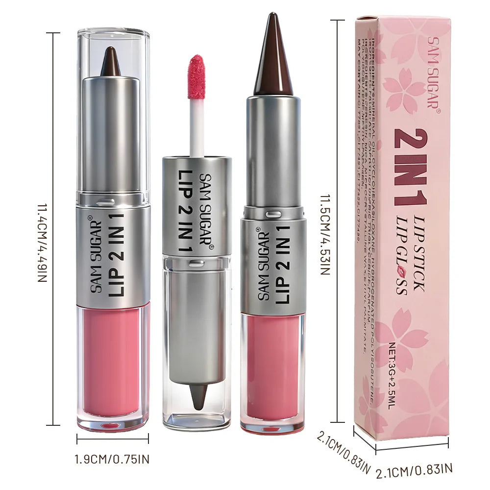 2 in 1 Lip Liner & Lip Gloss, Dual Ended Hydrating Non Stick Lipstick, Matte Velvet Outline Crayon with Shiny Plumping Lip Glaze