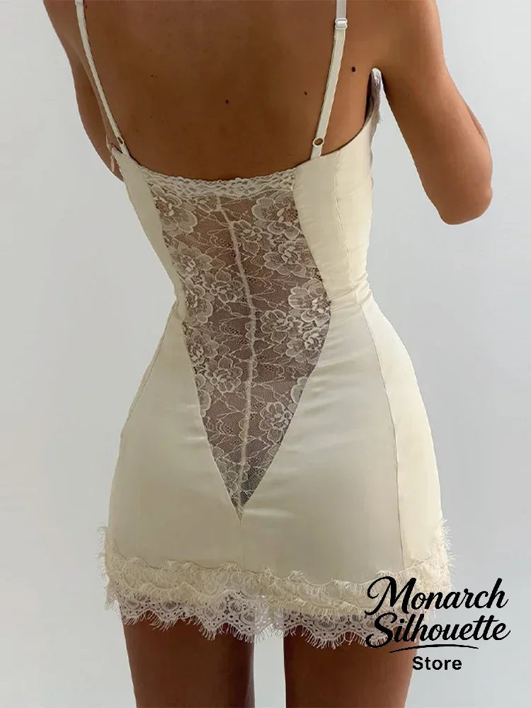Solid Satin Lace Corset Mini Dress Women Sexy Spaghetti Strap Sheer Panel Slim Fit Short Dresses 2026 Trendy Lady Night Out Wear