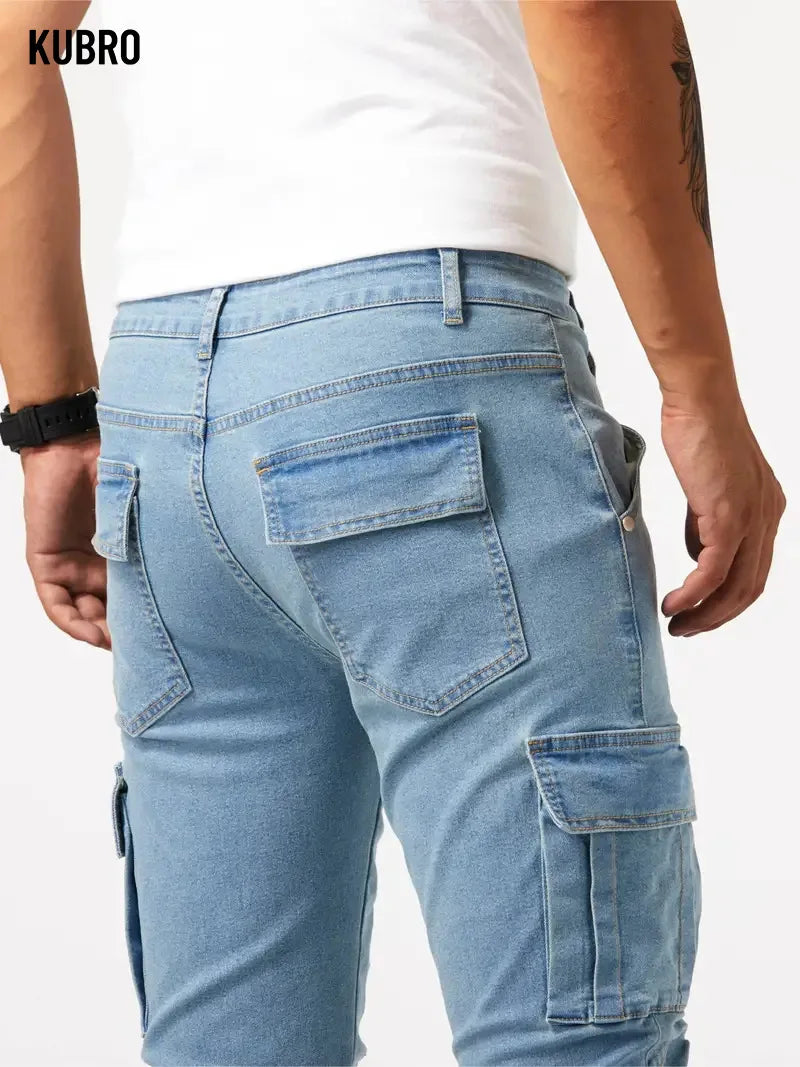 Street Elastic Jeans Men Denim Cargo Pants Wash Solid Color Multi Pockets Casual Mid Waist Trousers Slim Fit Daily Wear Joggers