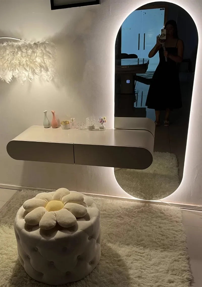 Off-white Hanging Dressing Table Minimalist Wall Mounted Vanity Unit with Mirror Bedroom Furniture Modern Design