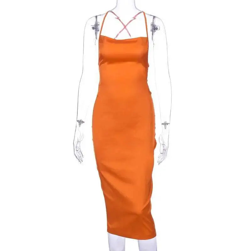 Satin Lace Up Women's Long Midi Dress Light Pink Bodycon Backless Elegant Party Sexy Club Clothes Summer Dinner Outfit