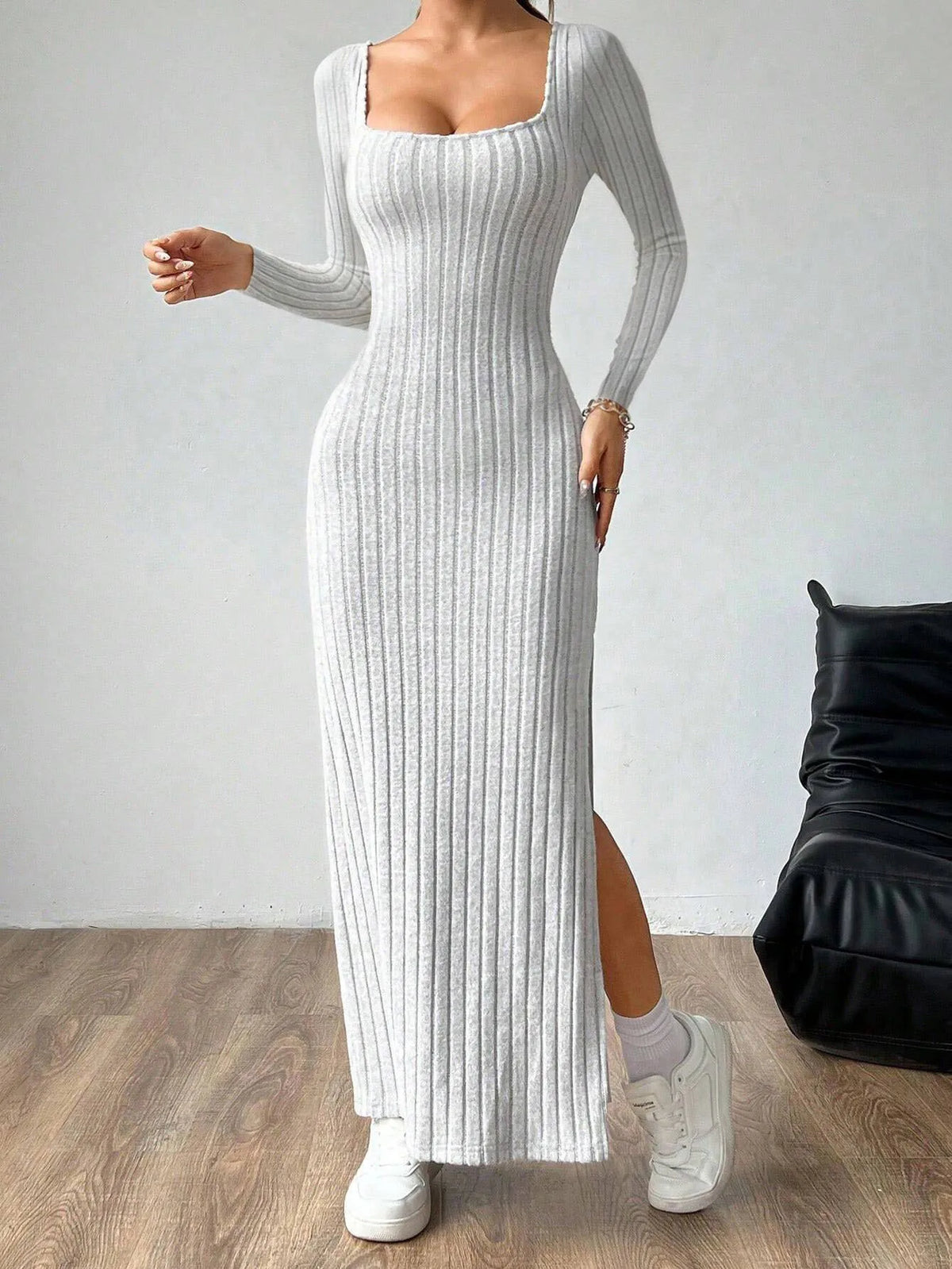 Women's Knitting Dress 2026 Spring Autumn Long Dress Minimalist Elegant Square Neck Backless Design Long Sleeve Midi Dress