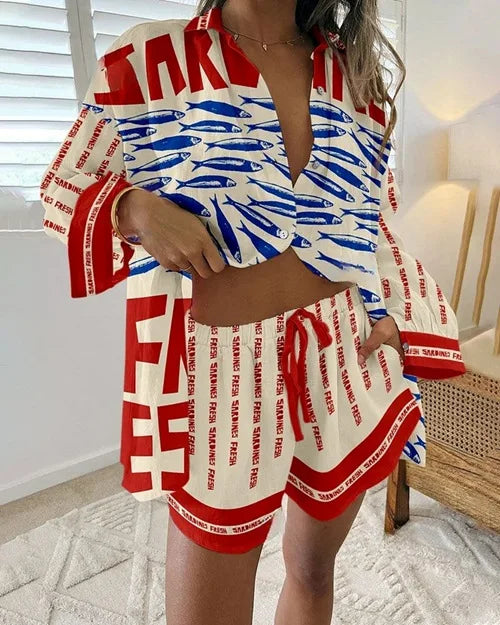 Summer New Print Beach Holiday Set For Women Fashion Short Sleeve Buttoned Shirt Wide Legs Shorts Oversized Two Piece Set