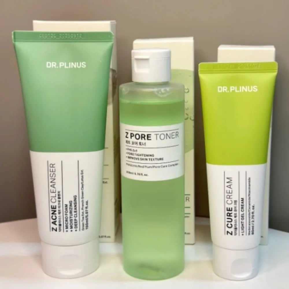 DR.PLINUS Z Acne Cleanser + Micro Foam Korean Z Cure Cream + Light Gel Cream Green Tea Extract Brand Cleanser Smooth Face Cream