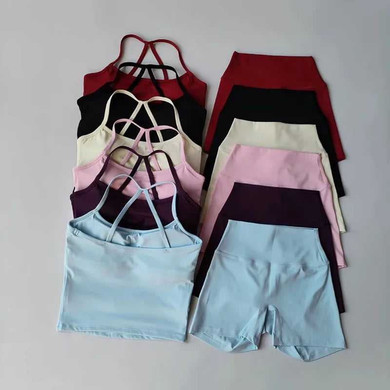 Yoga 2Pcs Women Naked Skin Set Thin Strap Beauty Back Tank High Waist Butt Lift Shorts Soft Breathable Gym Fitness Outfit