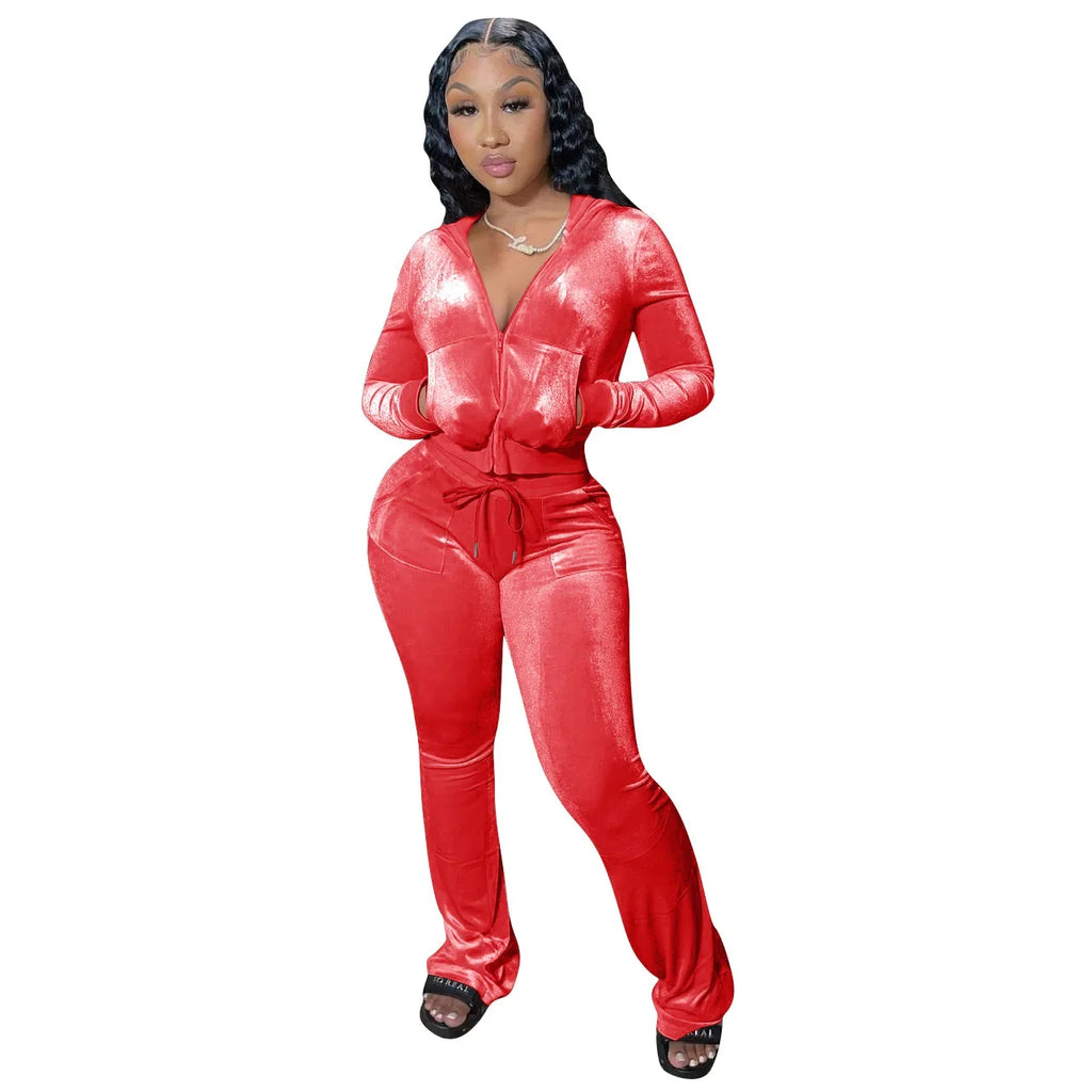 Hot Sale Fall Women's hoodie Set Zipper Pocket Crop Top Jacket Velvet Jogging suit Velour tracksuits Women Two Piece set