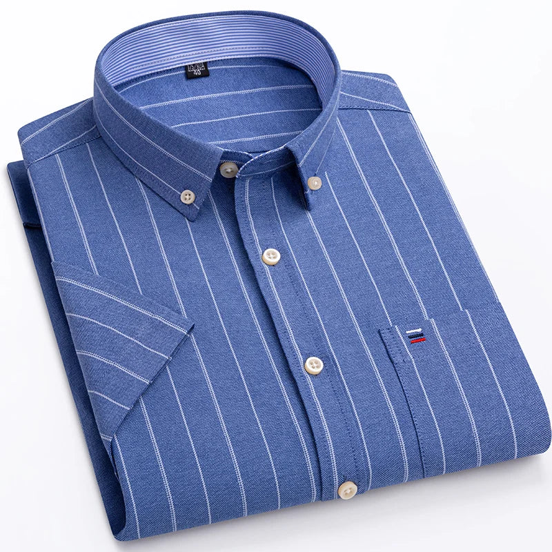 100%Pure Cotton Oxford Men's Shirts Short Sleeve Plaid Soft Regular Fit Formal Dress Shirt Social Blouse Male Clothes 6XL 7XL
