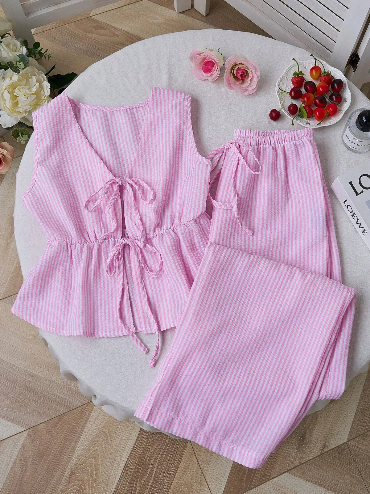 Summer Solid Color Tie Pants Set Stripe Casual Sweet Versatile Loose Comfortable Vacation Daily Two Piece Set