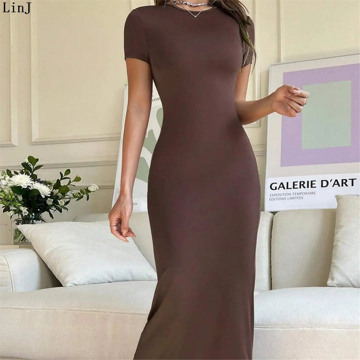 Sexy Slim Fit Short Sleeve round Neck Dress Pure Color Long Dress for Women LinJ2026 Casual European Style mid Waist Skirt