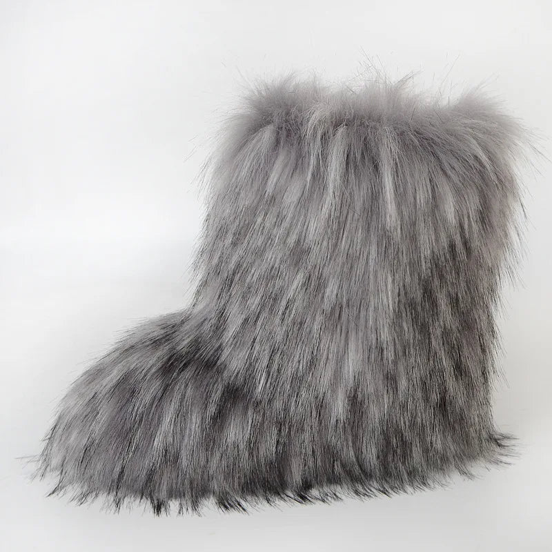 Women's Winter Snow Boots Outdoor Luxury Furry Faux Fox Fur Boots Woman Plush Warm Platform Shoes New Fashion Bottes Big Size 46