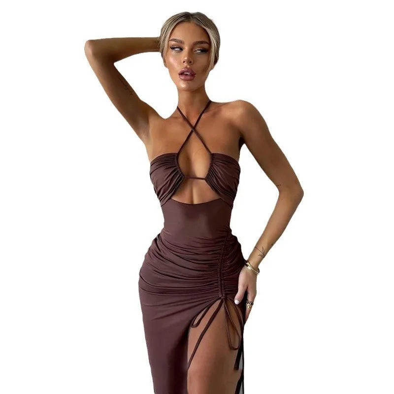 Summer Woman Dress Halter Neck Sleeveless High Waist Slit Maxi Dress Ruched Side Backless Elegant Party Evening Black for