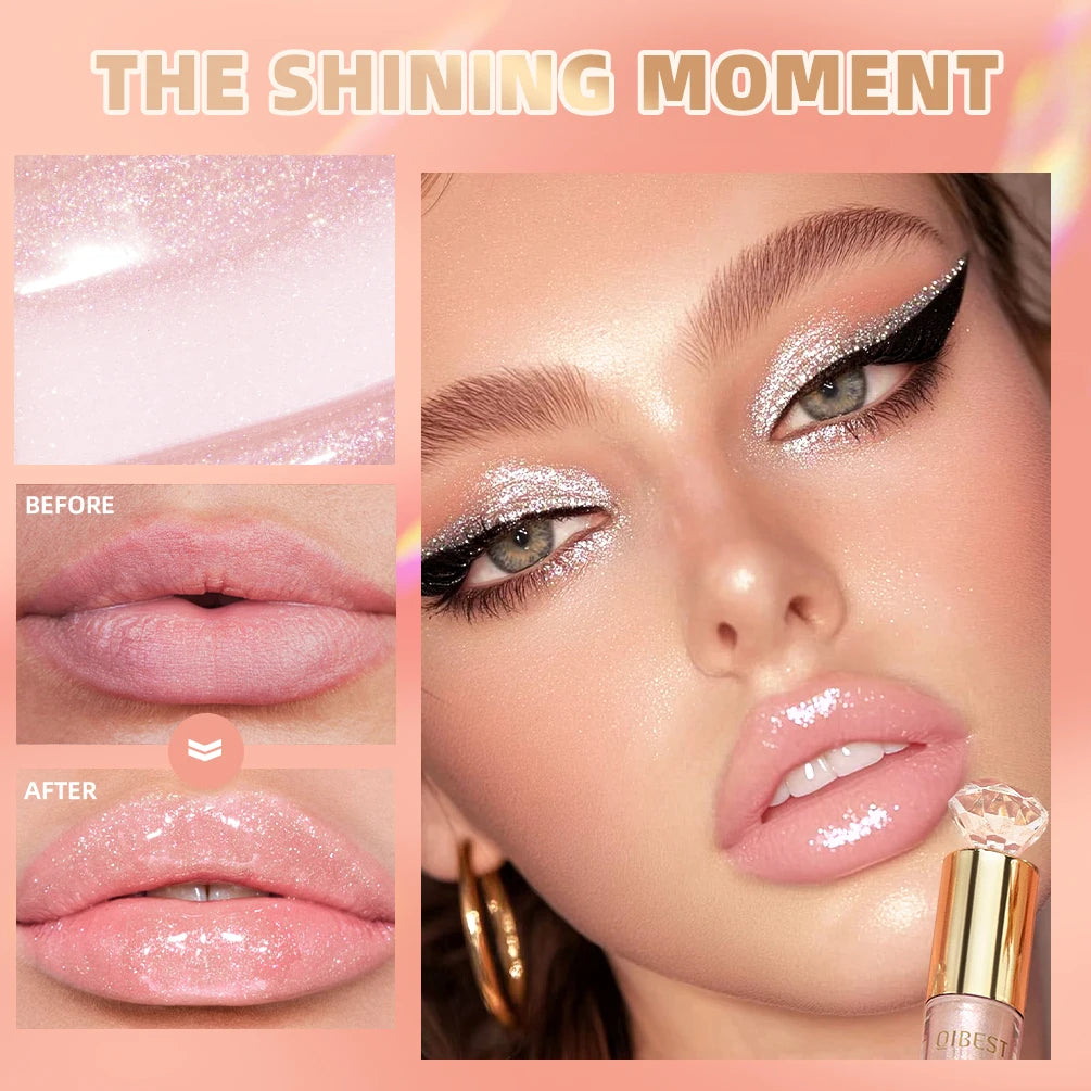 QIBEST 5 Colors Glitter Lip Gloss Long Lasting Diamond Pearlescent Metallic Liquid Lipstick Moisturizing Lip Glaze Tint Makeup