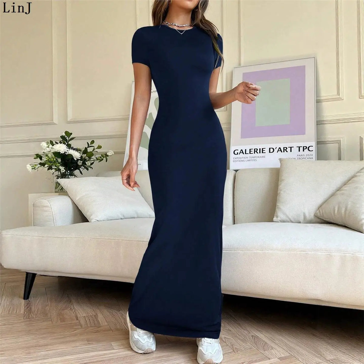 Sexy Slim Fit Short Sleeve round Neck Dress Pure Color Long Dress for Women LinJ2026 Casual European Style mid Waist Skirt