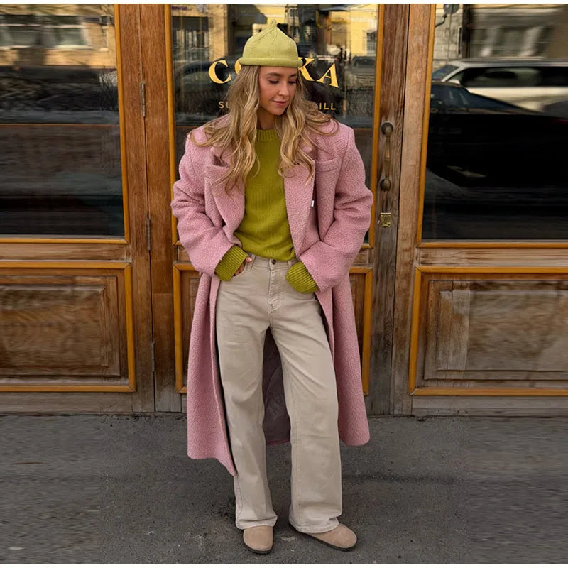 Elegant Women's Woolen Overcoat Solid Lapel Double Breasted Full Sleeve Long Coat 2026 Autumn Winter Fashion Lady Outwear