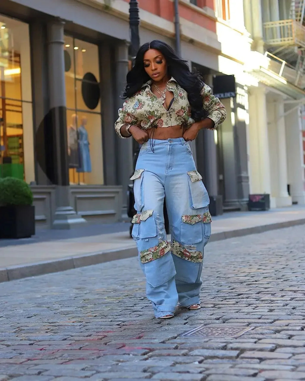 URBANCREW Floral Denim Jacket & Cargo Jeans Set — 2-Piece Streetwear