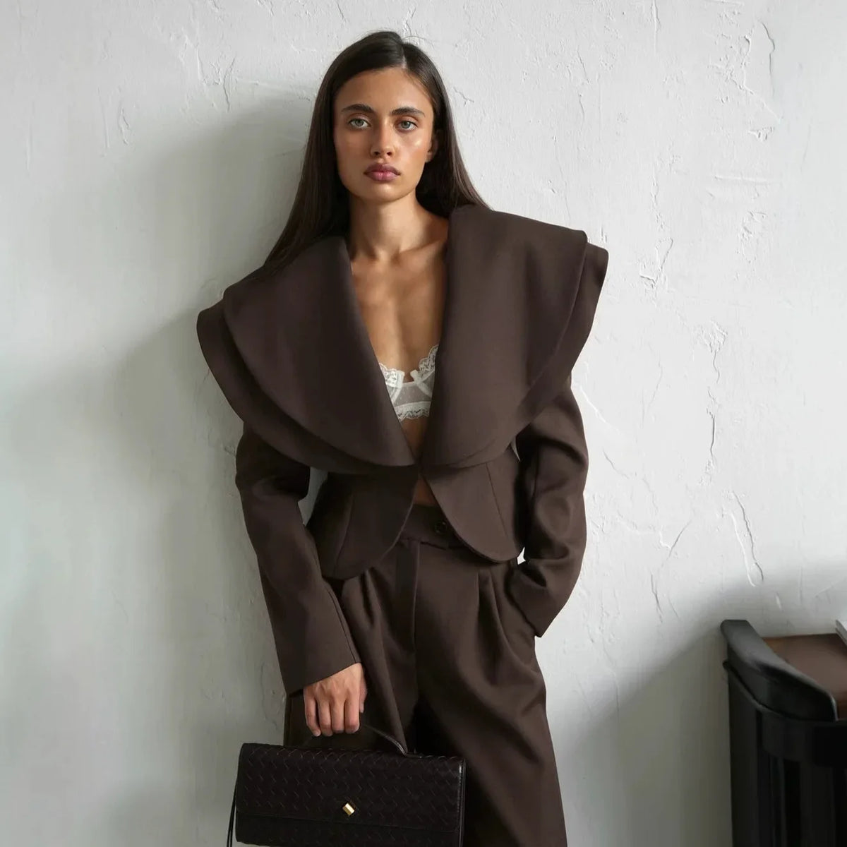 Chic Big Lapel Coat Pants Women Set Elegant Full Sleeve Single Breasted V-neck Straight Loose Trousers Solid Autumn Fashion Set