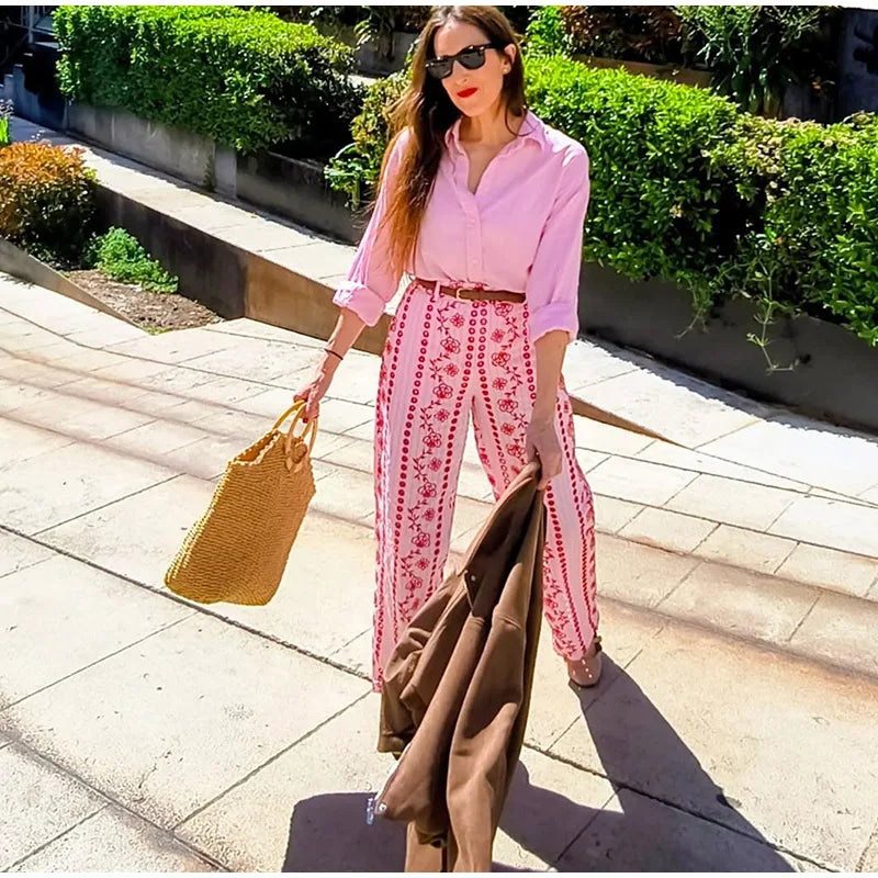 Hollow out Embroidery Long Pants Woman High Waist Flower Loose Straight Versatile Trousers Casual Street Lady New Fashion Pants