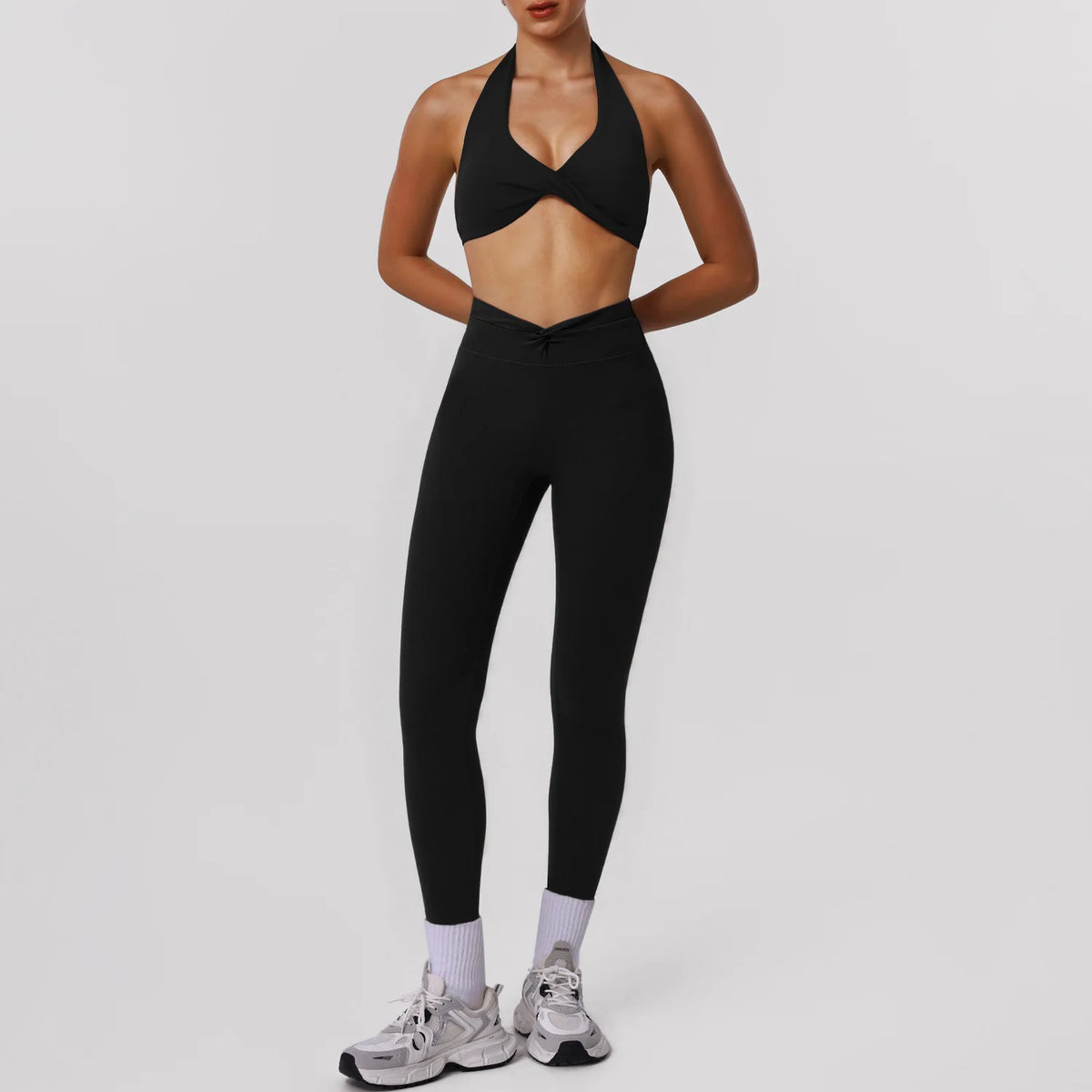 Greenora 2PCS Set Y2K Halter Neck Sports Bra Leggings Trendy Cross Waist Yoga Tracksuit Women Aesthetic White Fitness Activewear