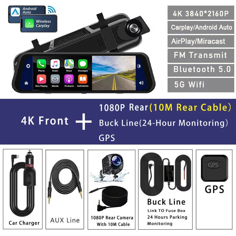 4K Dual-Lens Dash Cam with GPS, Wi-Fi & CarPlay