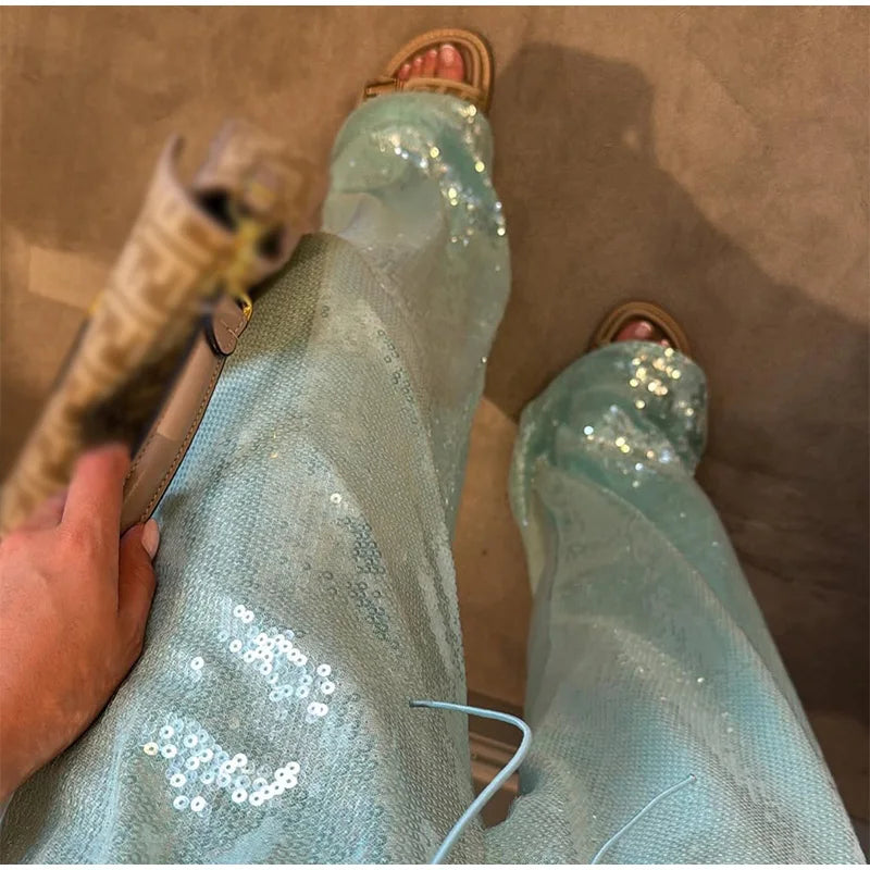 Casual Sequin Pants Women Loose Elastic Waist Wide Legs Trousers Female 2026 Autumn Winter Fashion Chic Solid Streetwears Lady