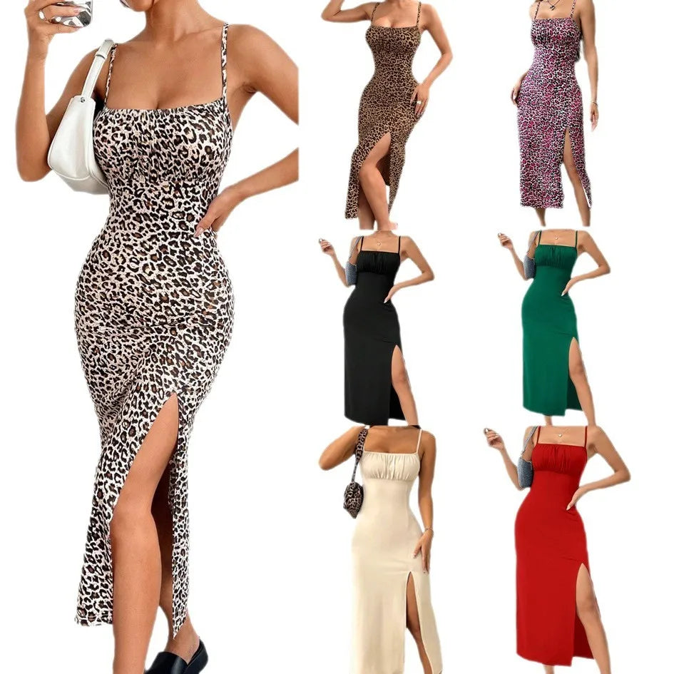Elegant Women's Sleeveless Spaghetti Strap Long Leopard Print High Slit Backless Ruched Elastic Waist Sexy Party Dress for Women