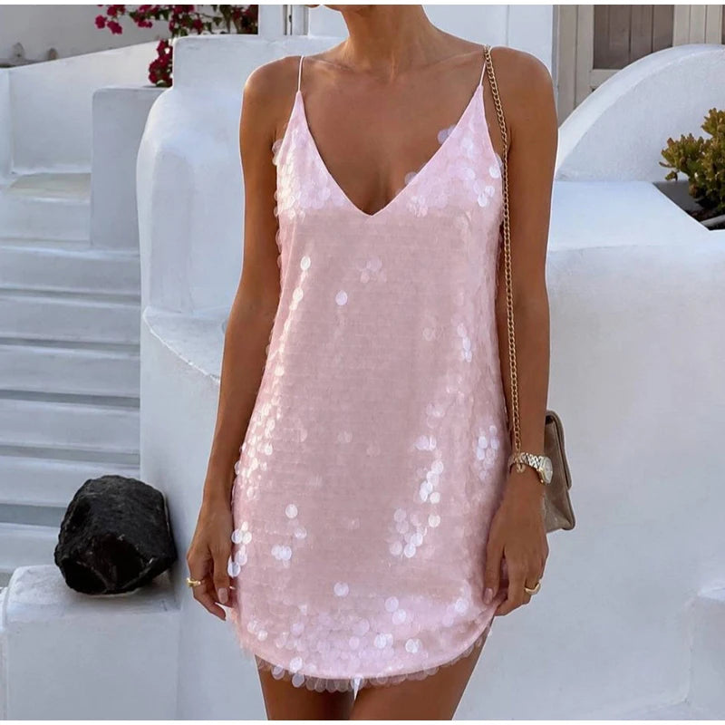 Sexy Lace Sequined Patchwork Dress Women Solid Sling Hollow Out Female Mini Dresses 2026 Summer Autumn Beach Fashion Lady Robe