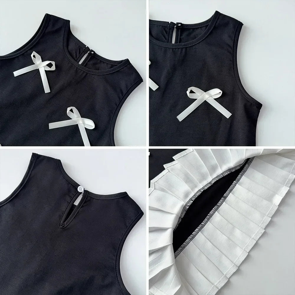 Black Bow Decoration Girls Dress Summer Sleeveless Princess Dresses Color Blocked Children's Clothing 3 To 7 Years Wear