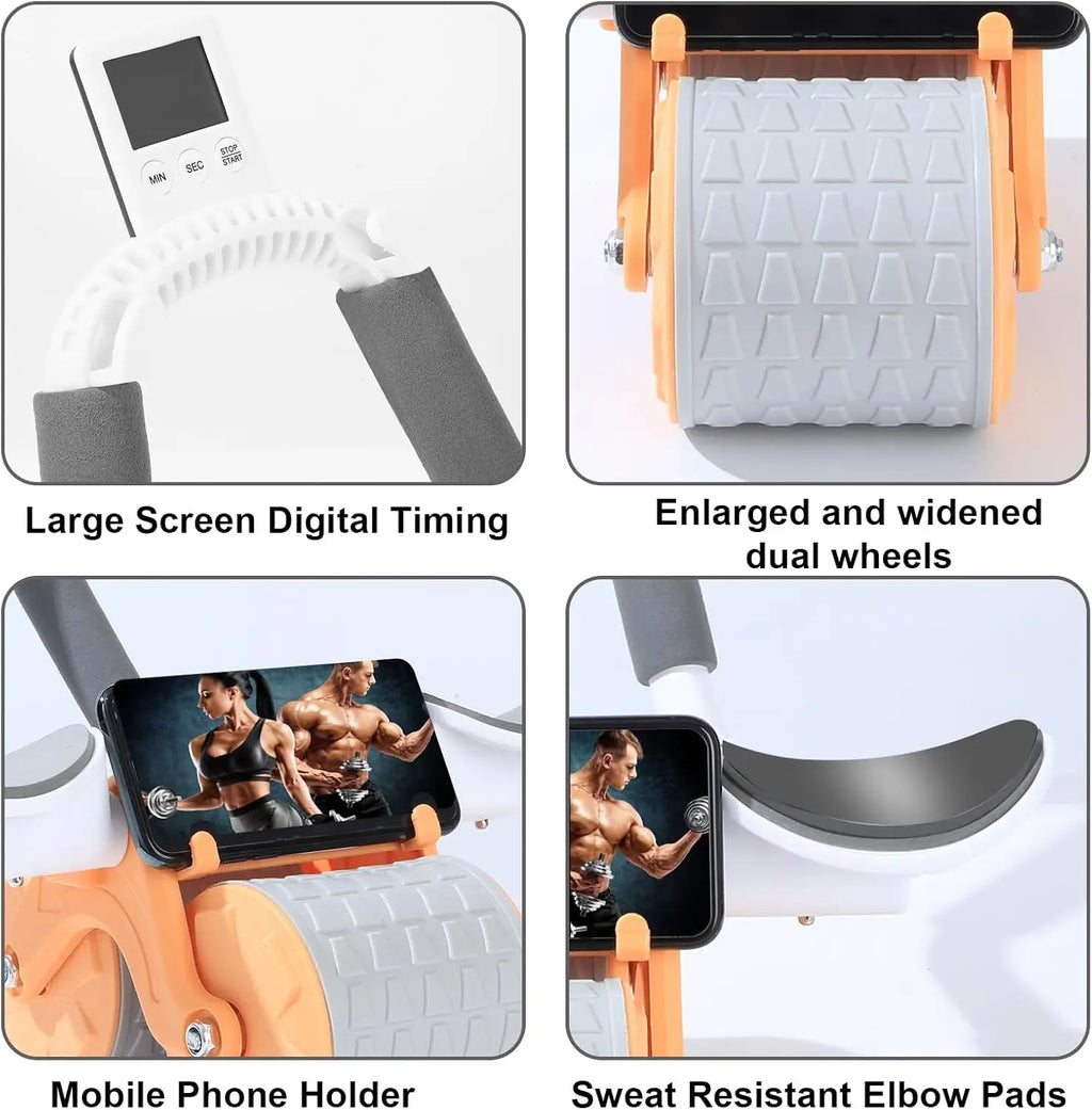 New Ab Roller Wheel with Knee Mat & Timer Automatic Rebound Abdominal Exercise Roller with Elbow Support