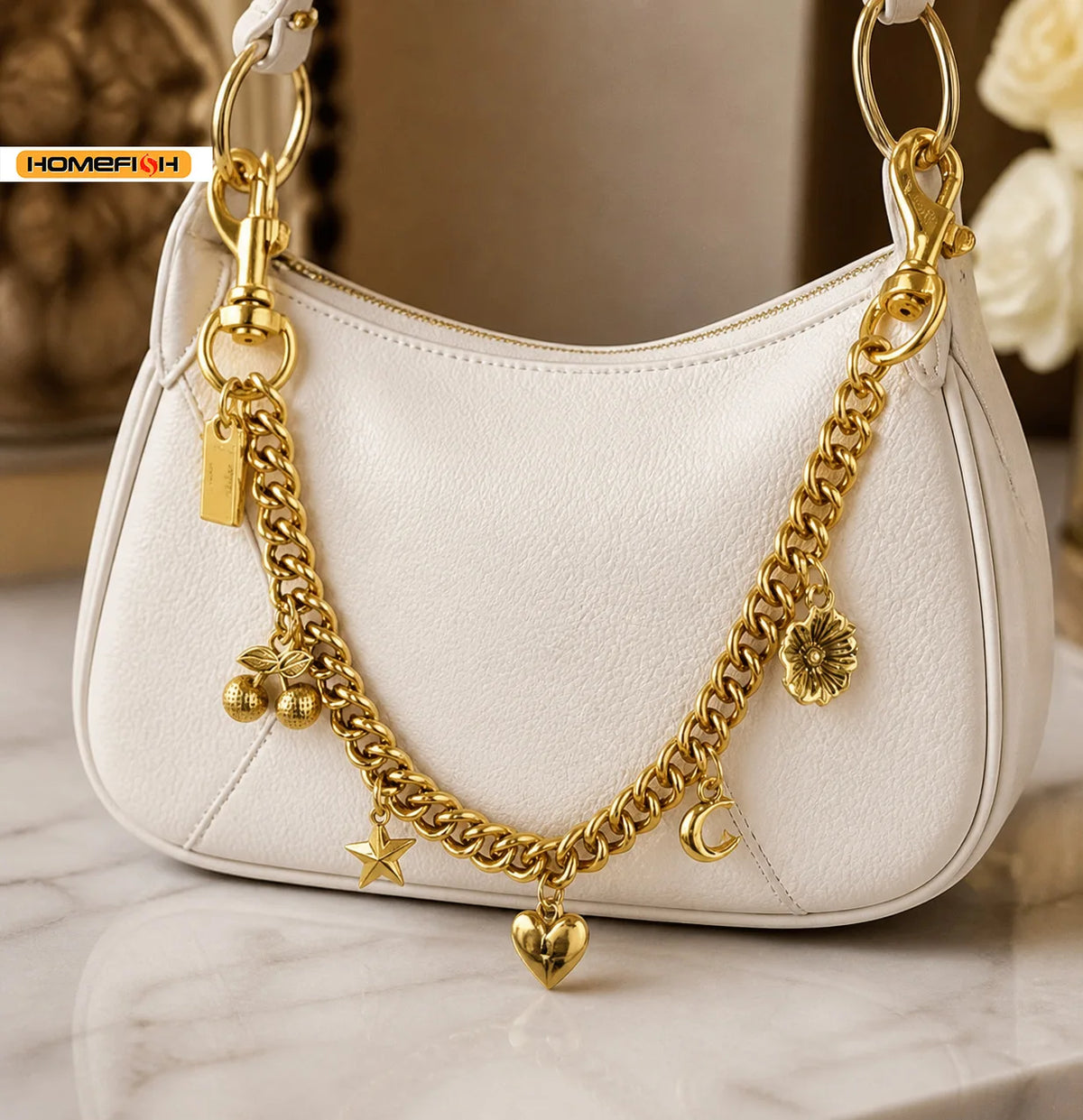 HOMEFISH Vintage Alloy Bag Hanging Chain Multi‑Charm Pendant Cherry Flower Star Moon Heart Decor for Handbag DIY Accessory