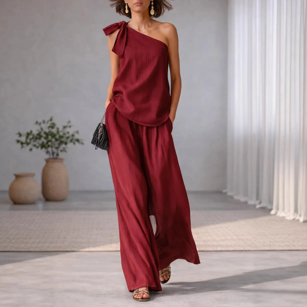 Summer Sexy Off Shoulder Tank Tops And Wide Leg Pants Two Piece Sets Casual Loose Solid High Waist Pants Sets Lace Tops Outfits