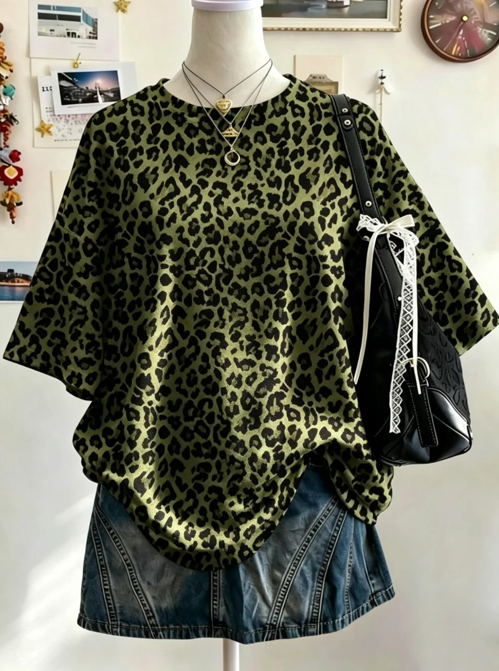 Summer Y2K Leopard Print Casual Oversized Round Neck Drop Shoulder Women Short Sleeve T-shirt Street Casual Sports Top