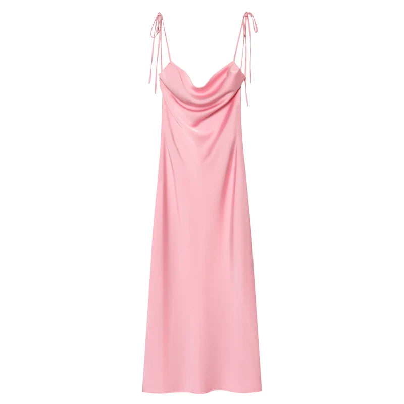 Women's Satin Slip Dress Sexy Sleeveless Backless Straps Dress For Women Summer Elegant Party Dresses Pink Cocktail Evening Gown