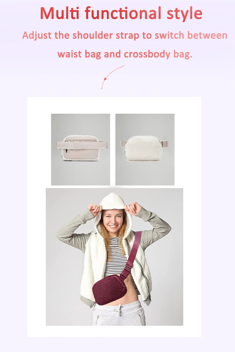 Winter Fleece Belt Bag for Everywhere Women Crossbody Bag White Fanny Pack Bag Small Waist Bag with Adjustable Strap (Ivory)