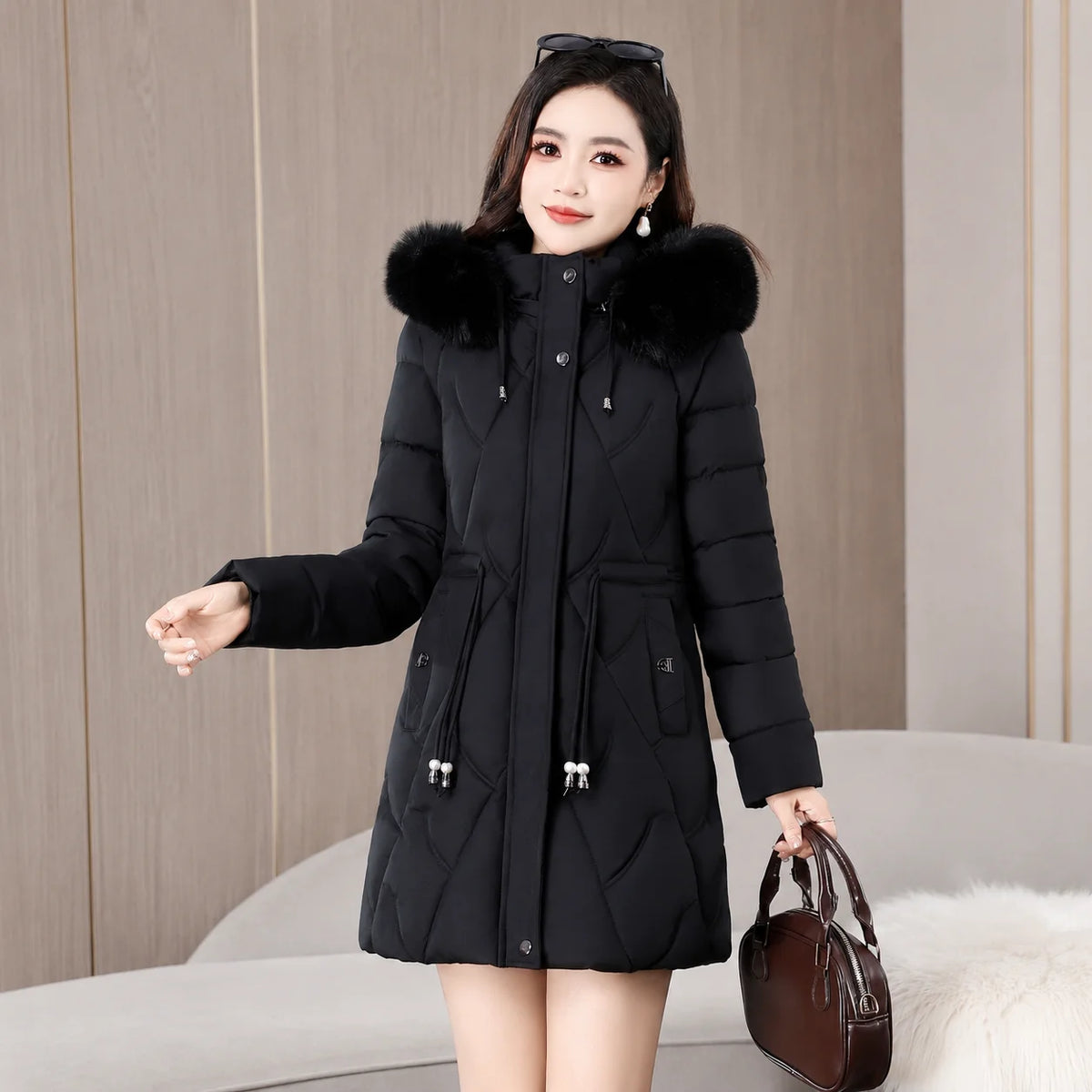 2026 Fashion Winter Women Parkas Long Slim Fashion Korean Big Fur Collar Zipper All-match Warm Down Jacket