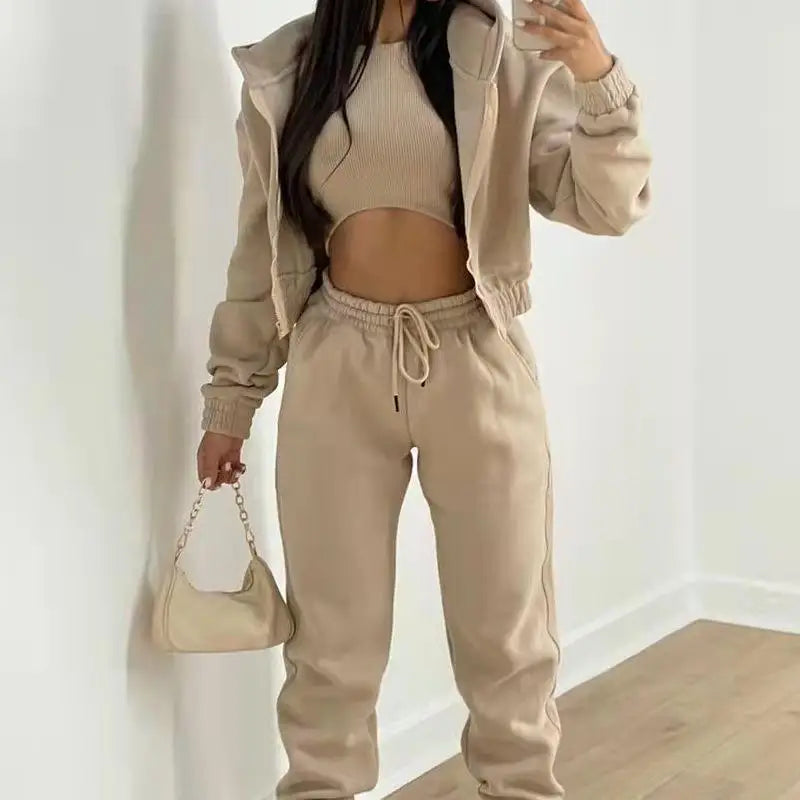 Ladies Tracksuit Zippered Hooded Jogger Tracksuit Thermal Lined Trousers Tracksuit Fashionable Athleisure Cozy Ensemble