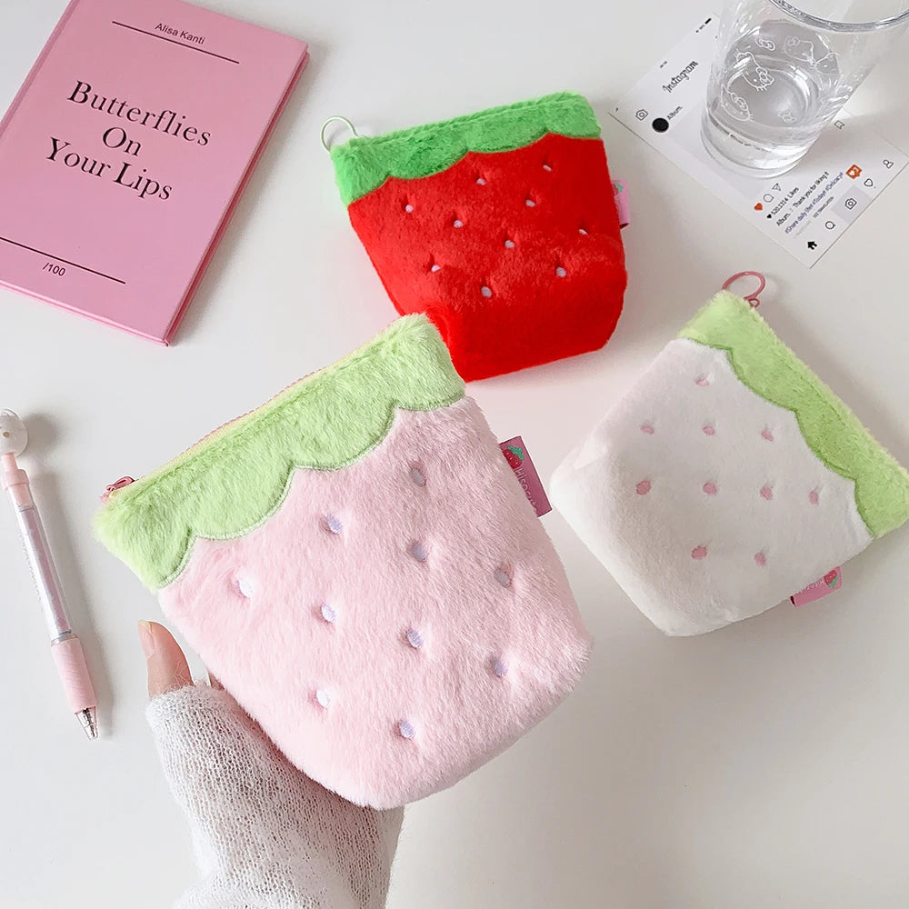 Sweet Cute Strawberry Zipper Plush Makeup Bag Fashion Girl Portable Large Capacity Travel Storage Lipstick bag Student Pen Bag