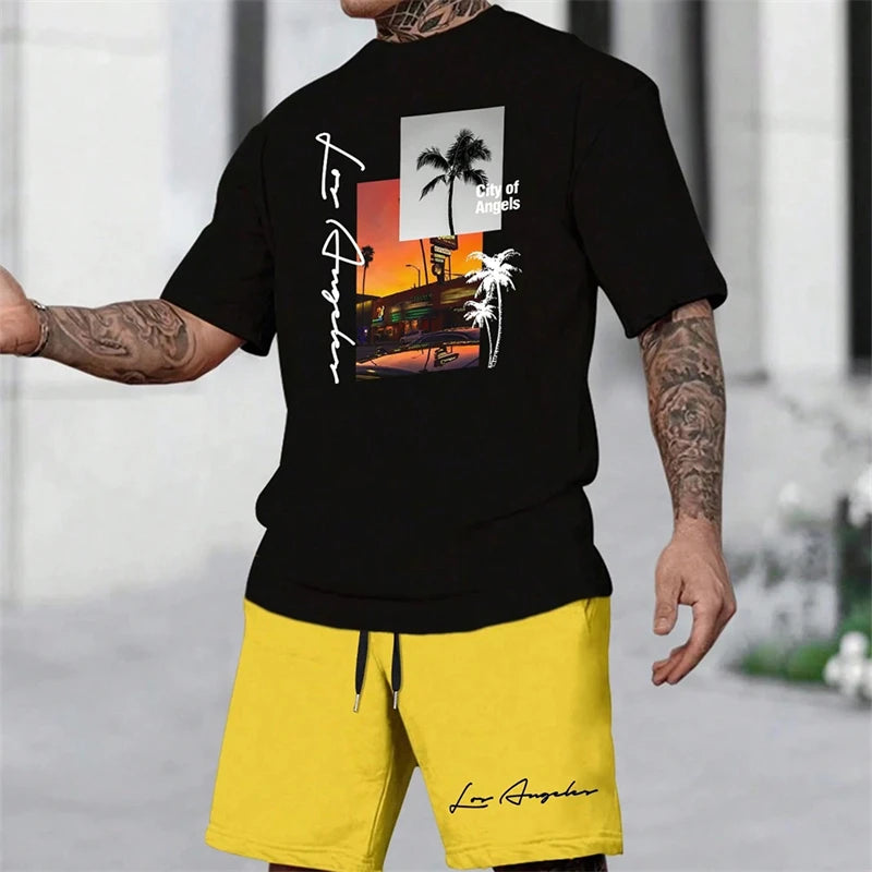 Summer New Men's Short-sleeved Hawaiian Print Two-piece Beach Vacation Breathable Short-sleeved With Drawstring Loose Shorts