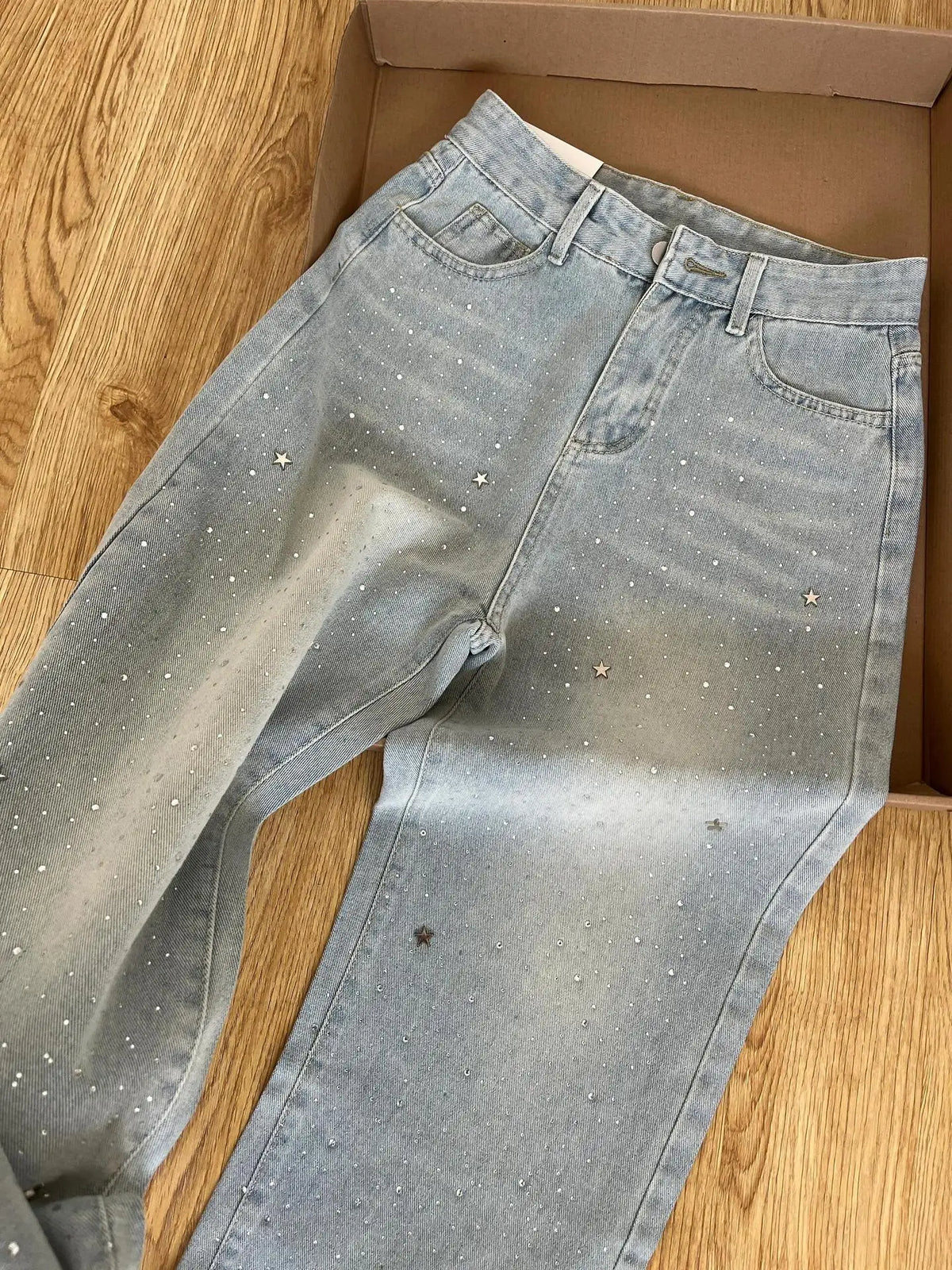 Women's 2025 Autumn New Light Blue Hot-Selling Rhinestone Straight Jeans High Waist Wash Jeans Loose Slimming Wide Leg Trousers