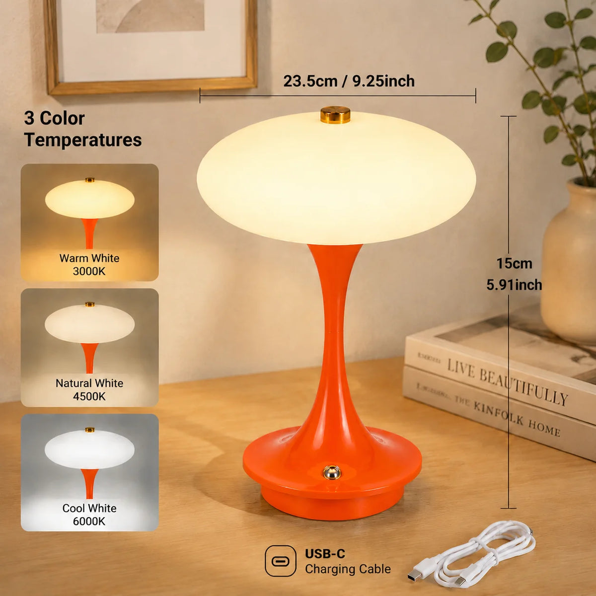 Mushroom Table Lamp – Rechargeable LED Bedside Lamp with Touch Sensor Three-Color Lights for Contemporary Interiors.