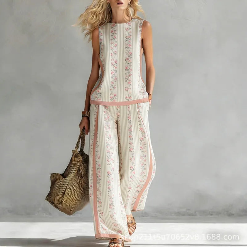 New Fashion Retro Printed Sleeveless Tops Trousers 2-piece Sets Women's Summer Casual Vest Loose Wide Leg Trousers Female Suit