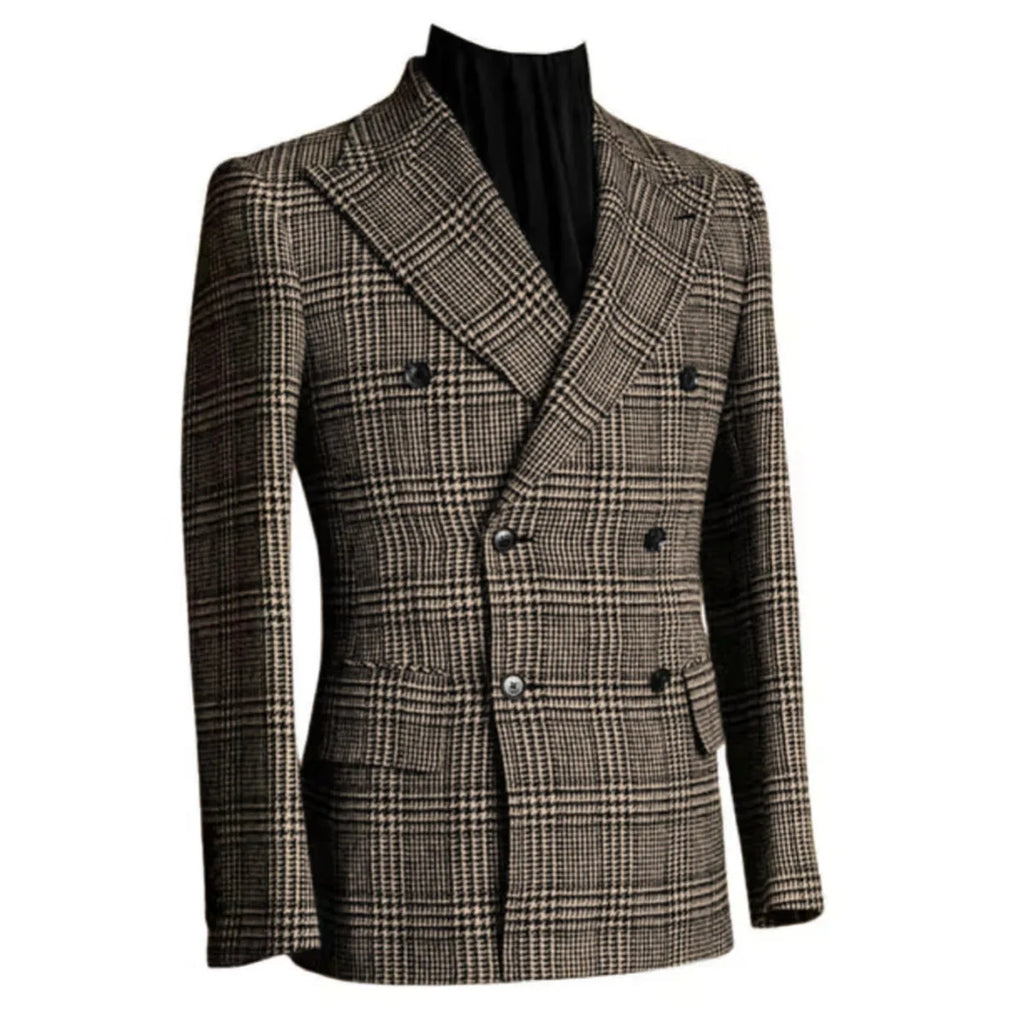Autumn Winter Houndstooth Men's Long Coat Double Breasted Classic Jacket for Wedding Formal Blazers Groom Business Tuxedos