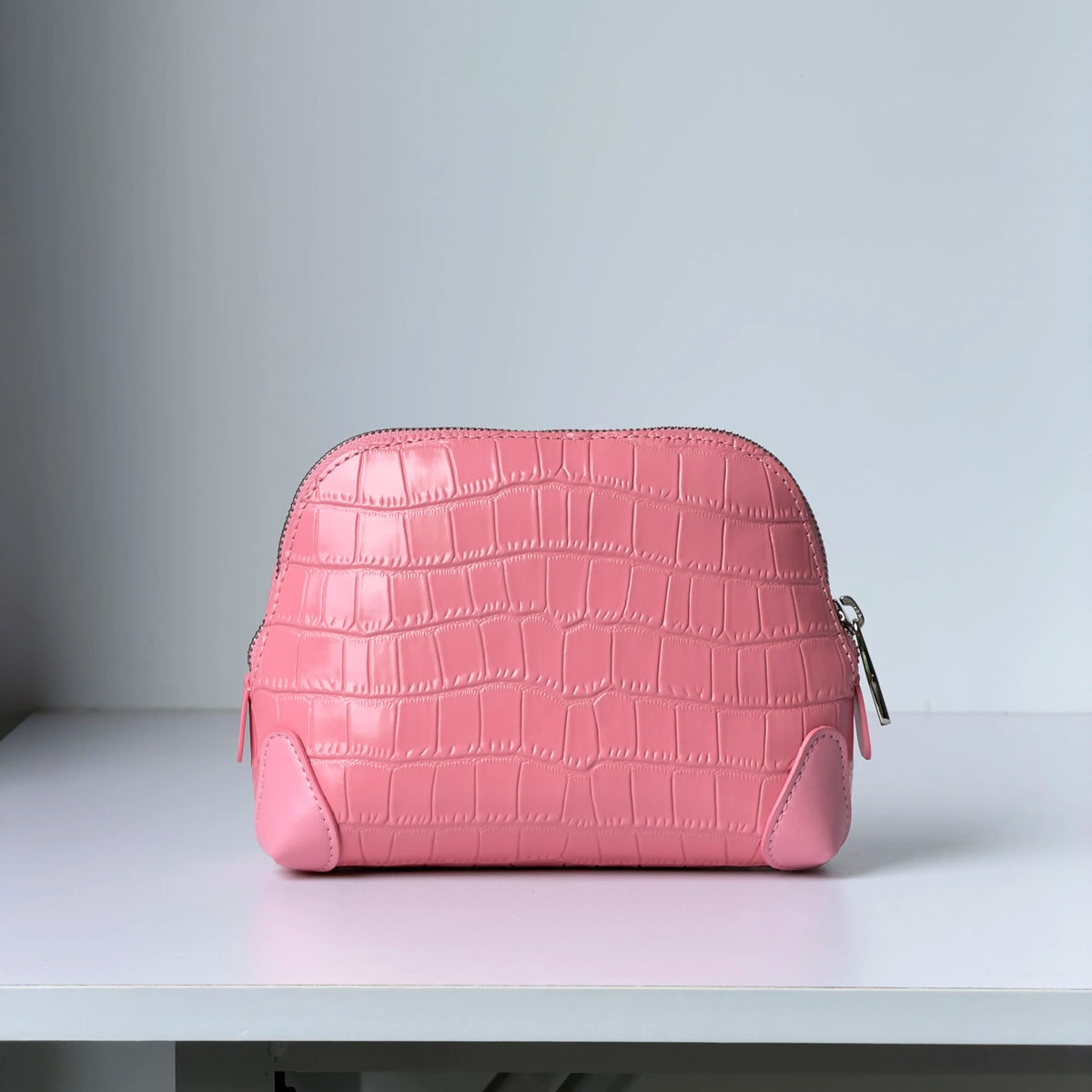 Pink Cowhide Crocodile Pattern Cosmetic Bag Luxury Large Capacity Genuine Leather Travel Toiletry Storage Portable Vanity Case